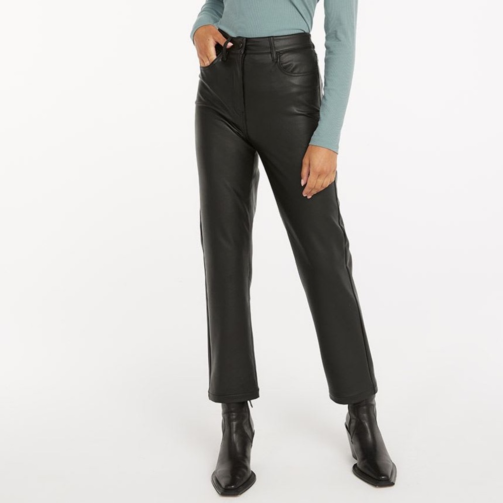 High-Waisted Straight-Leg Faux Leather Pants - Petite